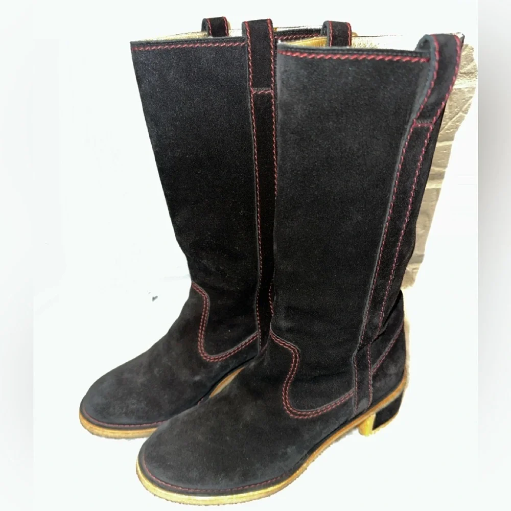 Chanel Mid Calf Block Heel Black Suede Pink Stitching Boots Size 37.5